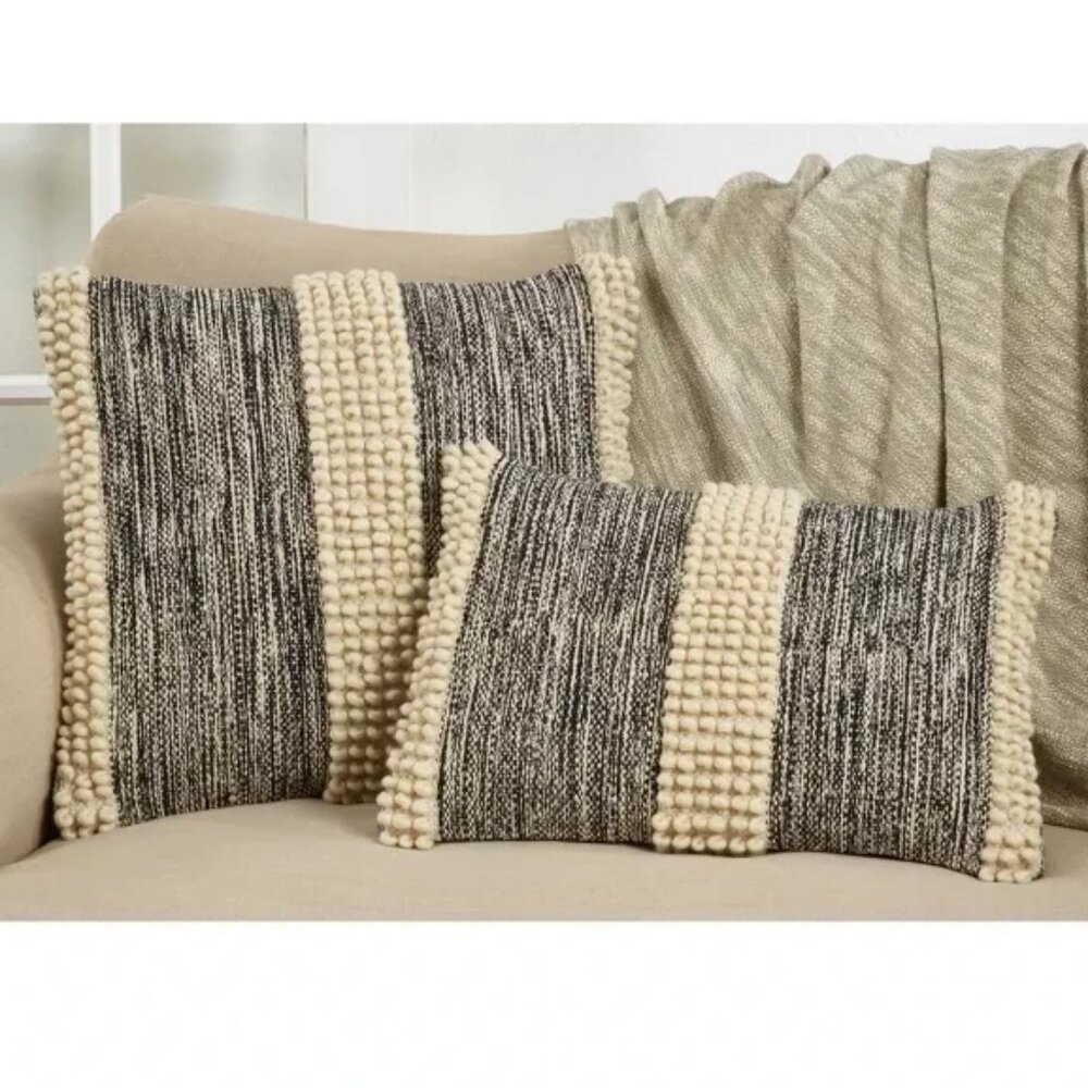 Oversize Pom-Pom Striped Throw Pillow Cover